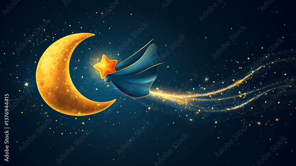 Naklejka premium a moon and a star wearing superhero capes flying through space. 