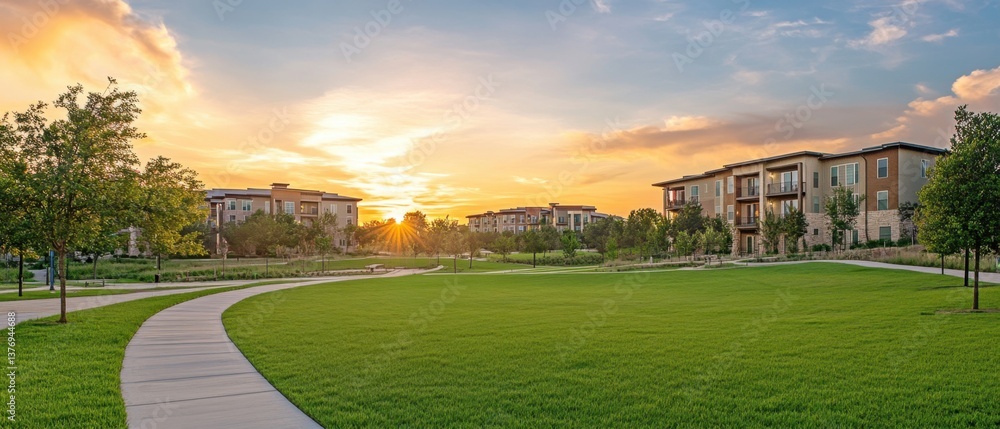 Wide shot of an apartment complex with a large green lawn, set against the Texas landscape during the golden hour Generative AI Wide shot of an apartment complex with a large green lawn, set against the Texas landscape during the golden hour Generative AI