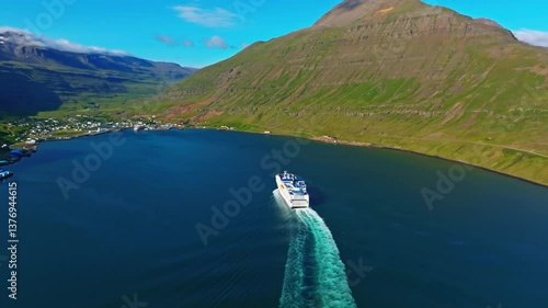The ferry from Denmark to Iceland entering the port of Seyðisfjörður in Iceland.