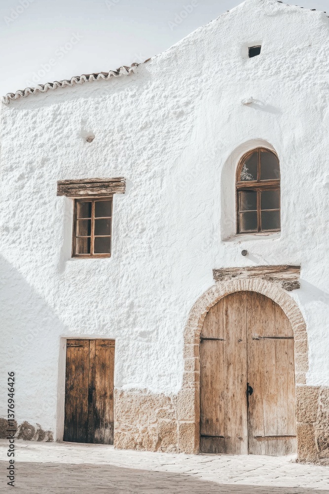 Fototapeta premium Historic whitewashed building with wooden doors and windows in a tranquil village setting showcasing traditional architecture