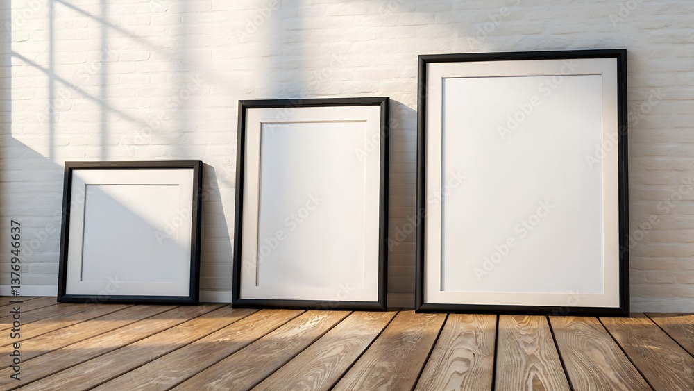 Three photo frame mockup designs lean against white brick wall on sunlit wooden floor Three photo frame mockup designs lean against white brick wall on sunlit wooden floor