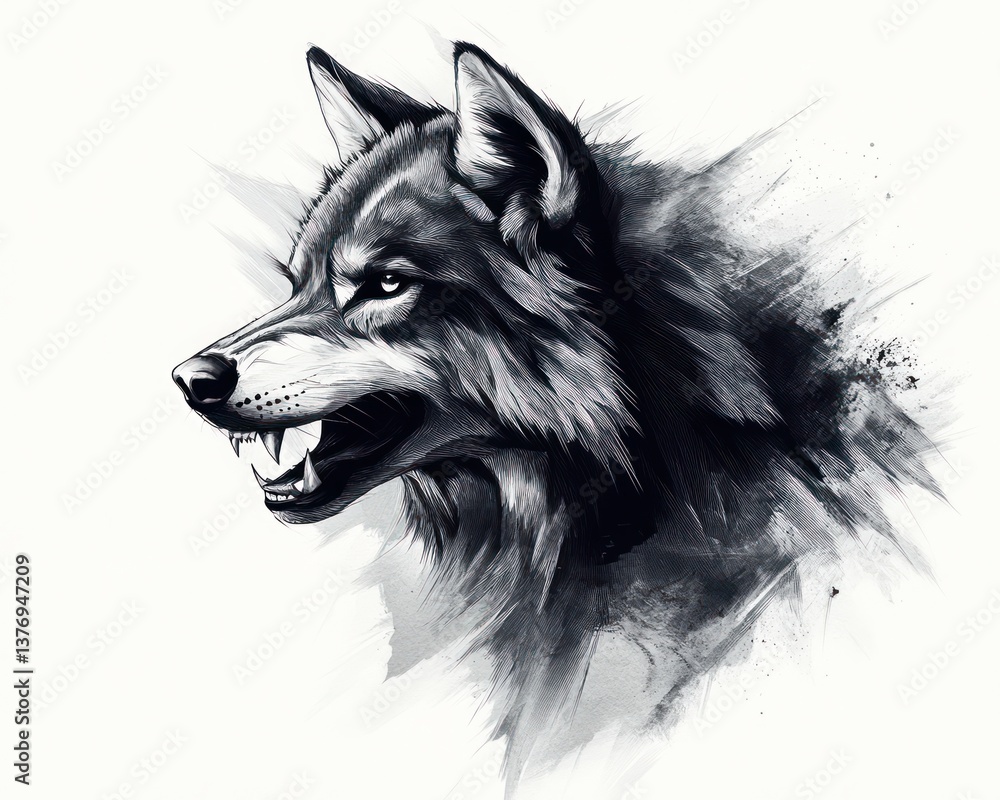 Fototapeta Fierce Wolf Portrait Abstract Geometric Art Black White Ink Illustration Sharp Lines Dynamic Brushstrokes