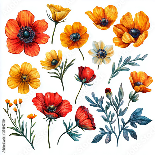 Wallpaper Mural Vibrant floral illustration featuring orange, yellow, and red blossoms with greenery for greeting cards and textile designs - concept of floral shops, stationery brands, textile designers Torontodigital.ca