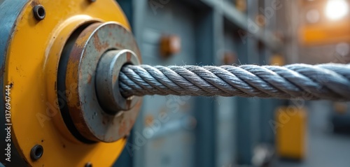 Close-up of industrial wire rope in sheave groove. Heavy duty steel cable. Lifting equipment part, metal engineering element. Construction machinery, power transmission.