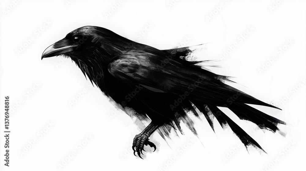 Fototapeta premium Minimalist Black and White Raven Illustration on White Background