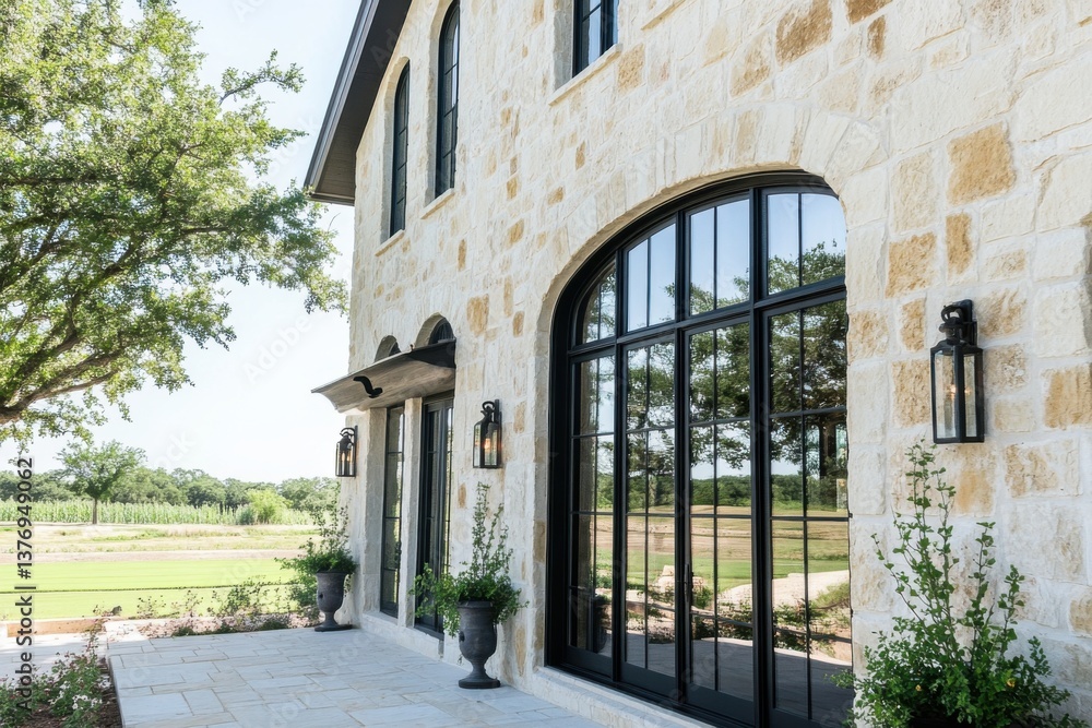 Fototapeta premium Modern architectural design of a farmhouse showcasing elegant stonework and large black-framed windows in a serene outdoor setting during bright daylight