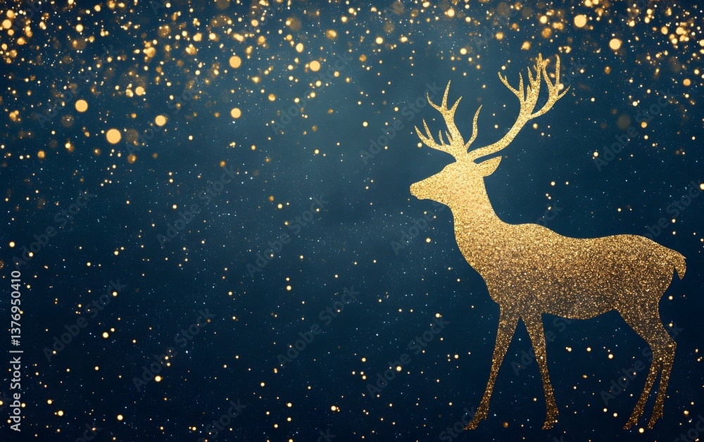Fototapeta premium a gold deer silhouette on the right side of the picture, with golden glitter and particles in blue background,