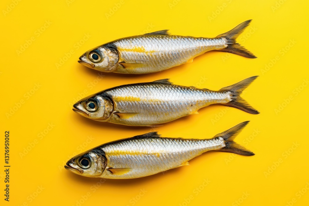 Three small silver fish are arranged neatly on a bright yellow background Three small silver fish are arranged neatly on a bright yellow background