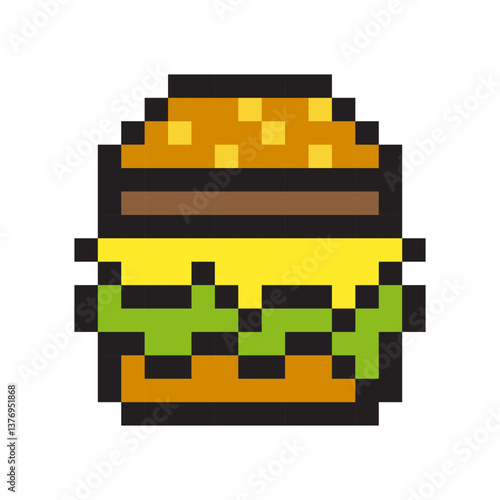 Pixel burger icon. Cheesy fast food. Vector snack shape. Retro meal image.