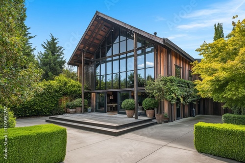 Wallpaper Mural Modern wooden house features expansive glass windows surrounded by landscaped greenery in a tranquil setting during the day Torontodigital.ca