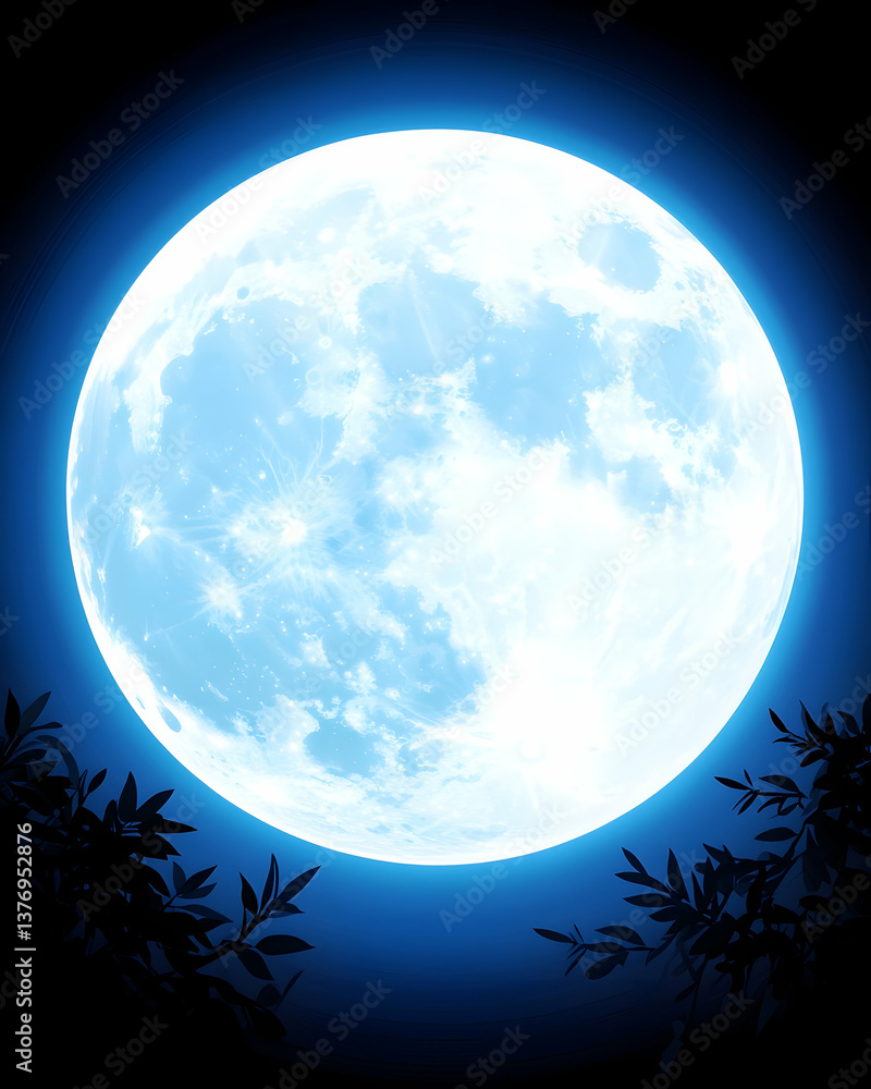 Fototapeta premium A luminous blue full moon dominates the night sky, partially obscured by dark silhouettes of leaves AI generative
