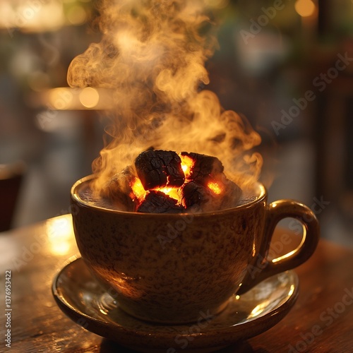 Radiant Indonesian Kopi Joss charcoal coffee basking soft backlighting rising steam illuminated golden light glowing ember of charcoal submerged dark coffee blurred caf ambiance enhancing rustic charm
