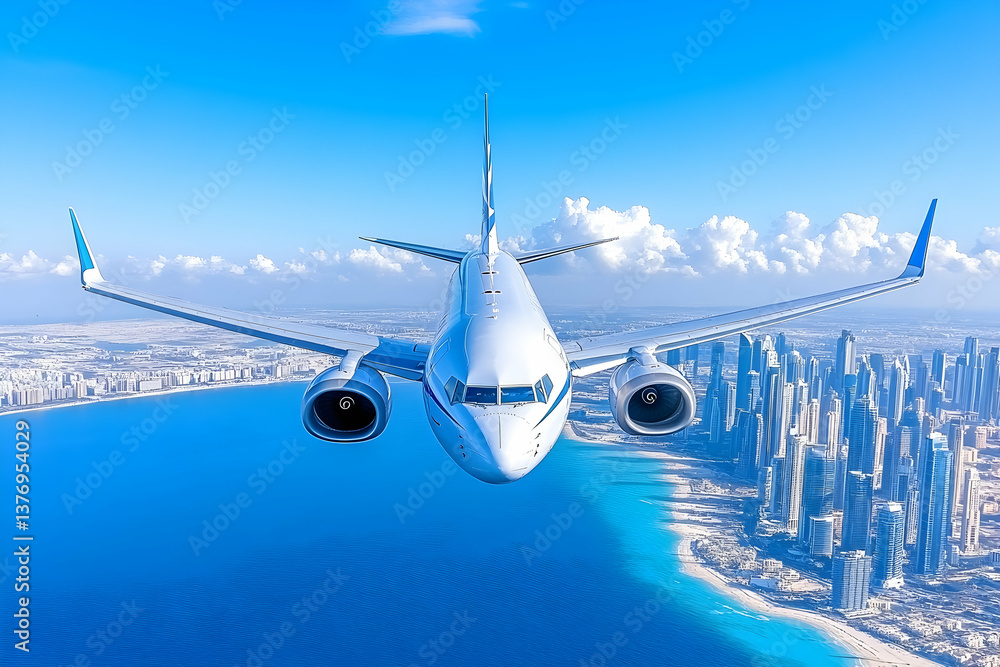 Fototapeta premium Airplane approaching coastal city, blue sky AI generative