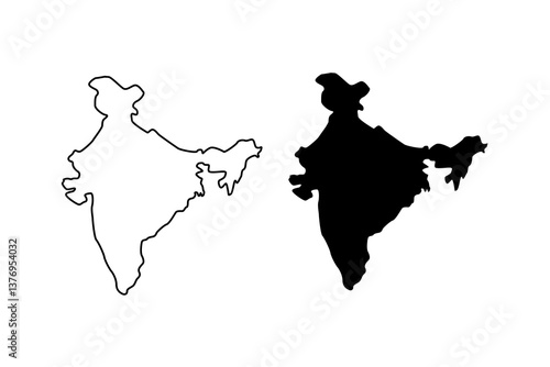 india map line and black silhouette isolated on white. blank country border. desig clipart for geographic, travel or political banner background design,events illustration.