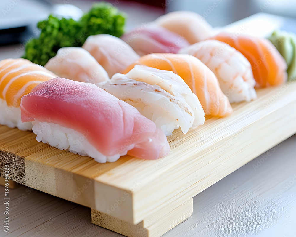 Assorted sushi pieces arranged on a wooden platter AI generative
