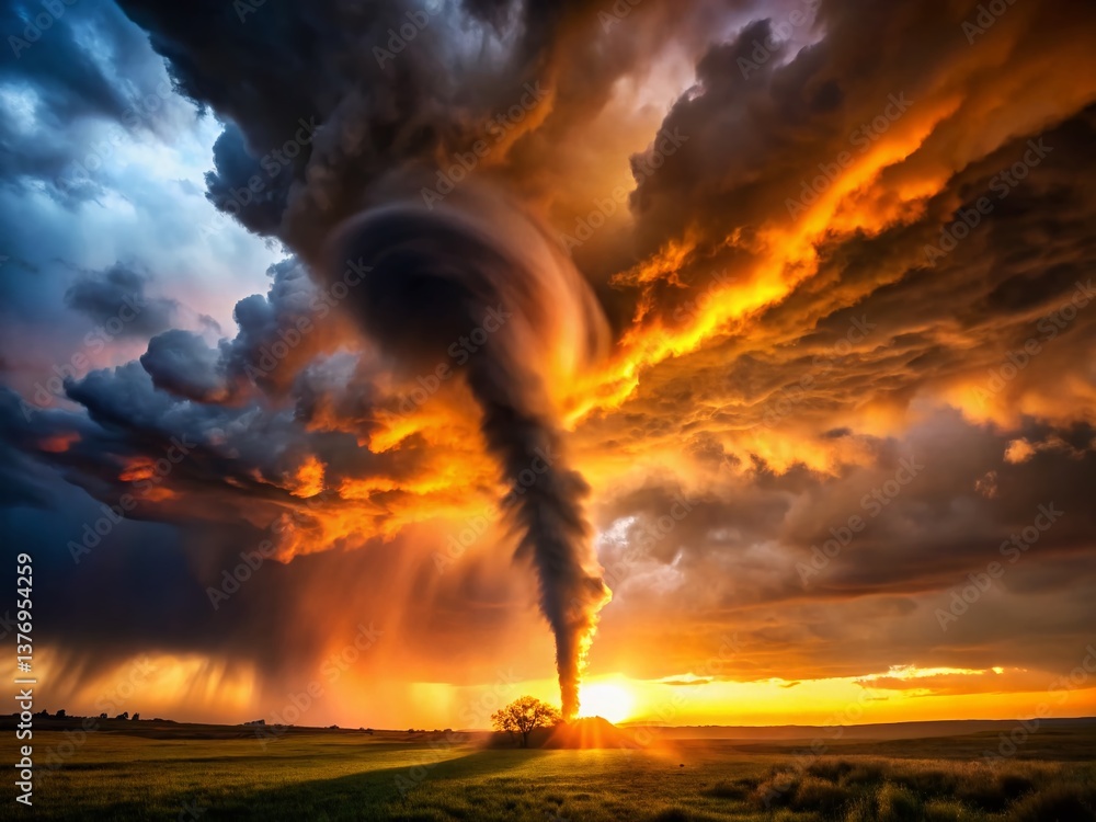 Dramatic Silhouette of a Tornado, Powerful Nature, Weather Phenomenon, Dark Sky, Cyclone