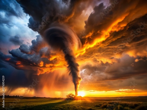 Obraz na płótnie Dramatic Silhouette of a Tornado, Powerful Nature, Weather Phenomenon, Dark Sky, Cyclone w salonie