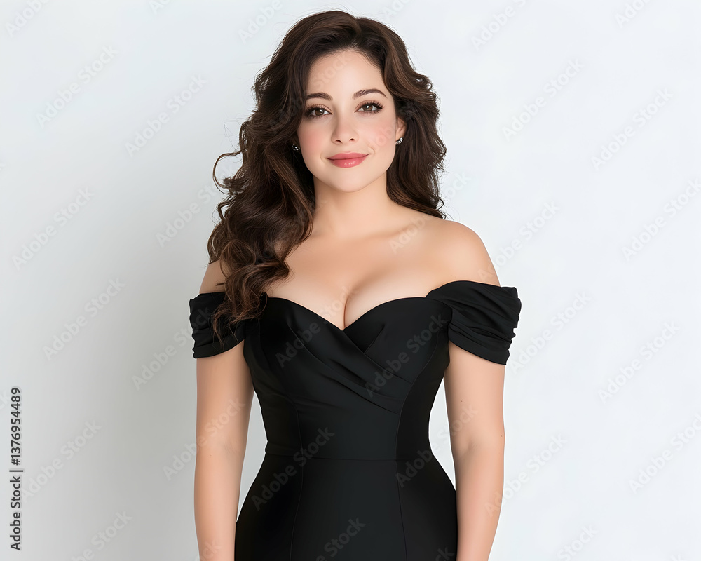 Beautiful woman in elegant black off-shoulder dress, posing against a white background AI generative Beautiful woman in elegant black off-shoulder dress, posing against a white background AI generative