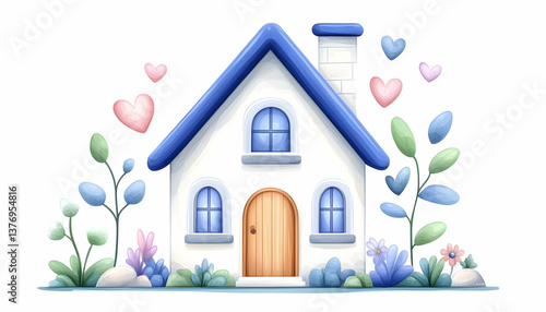 Charming cartoon house with blue roof, surrounded by hearts and plants AI generative