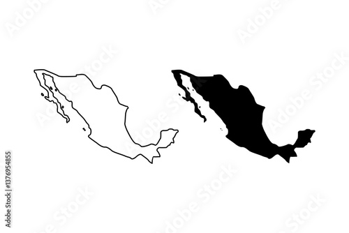 Mexico map line and black silhouette isolated on white. blank country border. Vector clipart for geographic, travel or political banner background design, mexican events illustration
