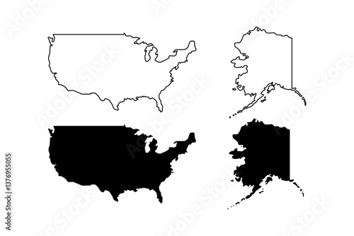 
America and Alaska map outline and black silhouette isolated on white. Blank country borders. Clipart design for geographic, travel or political banner background design, event illustration.
