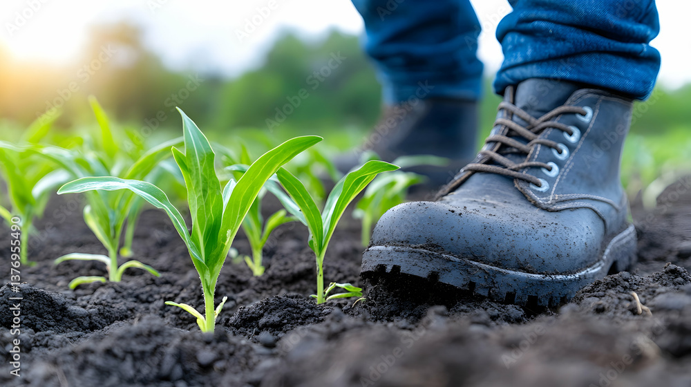 Close-up of muddy boots walking through young corn plants in a field AI generative Close-up of muddy boots walking through young corn plants in a field AI generative