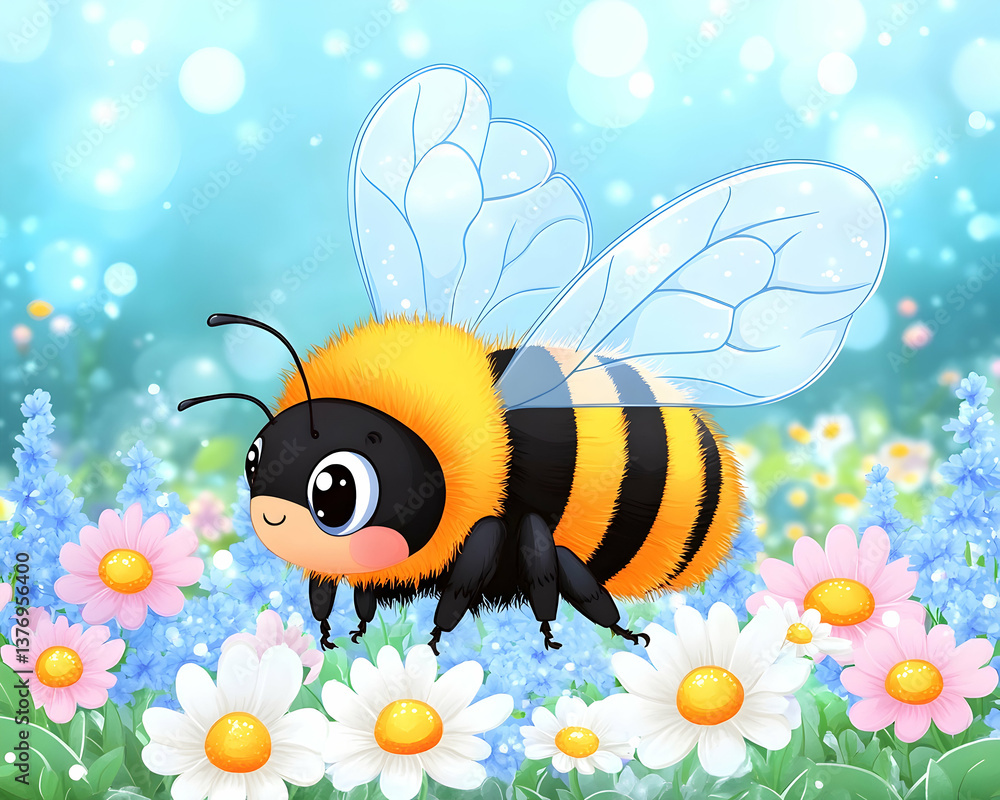Obraz premium Cute cartoon bumble bee amidst blooming wildflowers AI generative