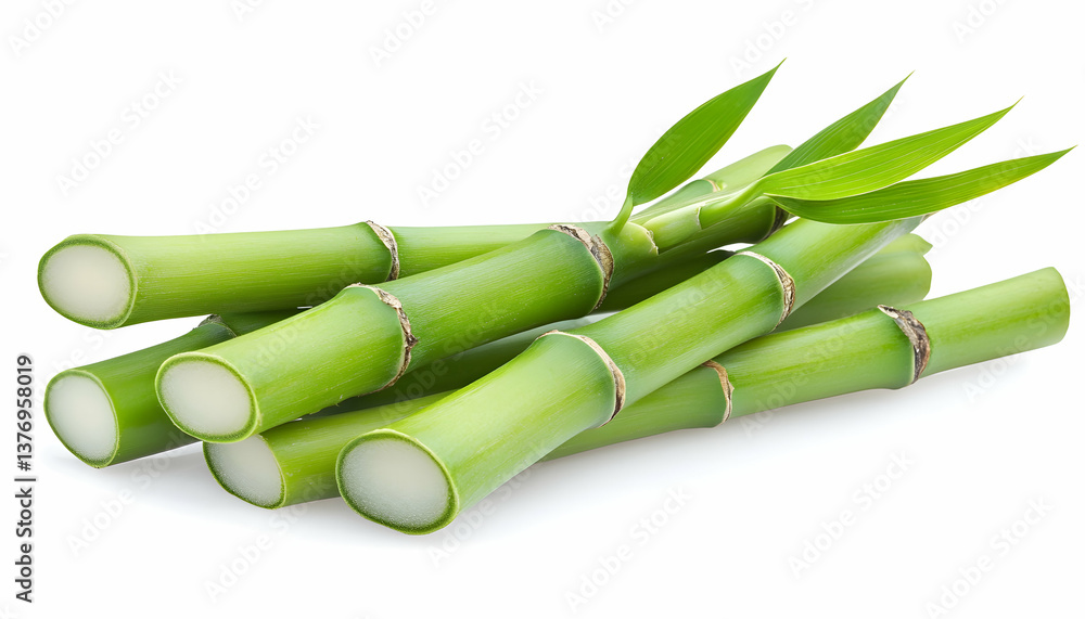 Obraz premium Fresh green bamboo stalks with leaves, isolated on white AI generative