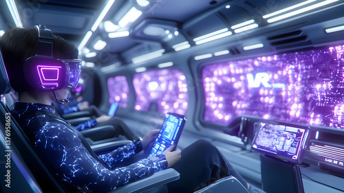 Futuristic VR gaming pod with users immersed in virtual reality experience AI generative