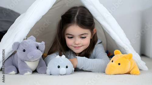 Girl playing with plush dinosaurs in a play tent AI generative