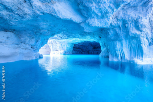 Glacial ice cave with vibrant blue water AI generative