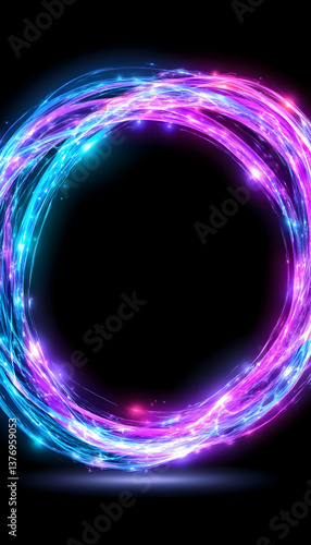 Glowing circular light trails, purple and blue, on black background AI generative