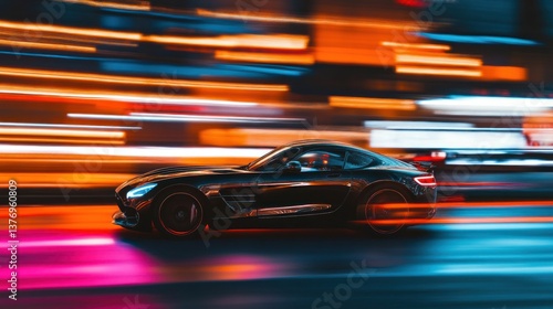 Fast black sports car speeding through city at night with blurred light trails.