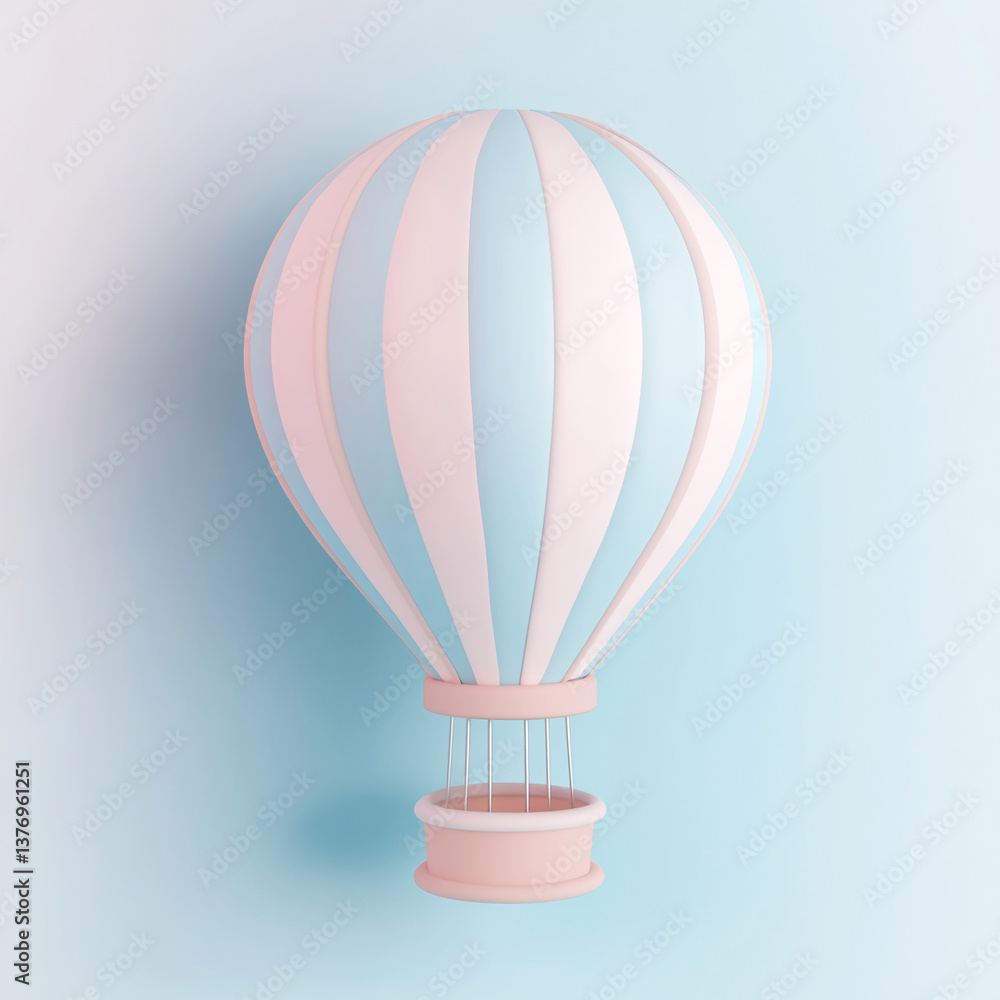 Obraz premium Floating in the sky, a pastel hot air balloon ascends against a soft blue background, capturing the essence of whimsy and adventure, perfect for a children's room decoration, birthday celebrations, or