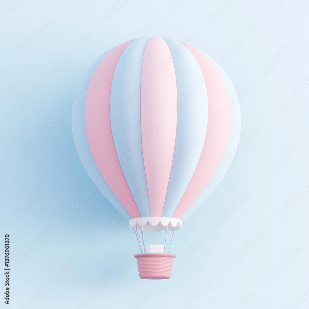 Naklejka premium Colorful hot air balloon floating against a soft blue background with pastel pink and blue stripes, creating a whimsical atmosphere for dreamers and adventurers alike