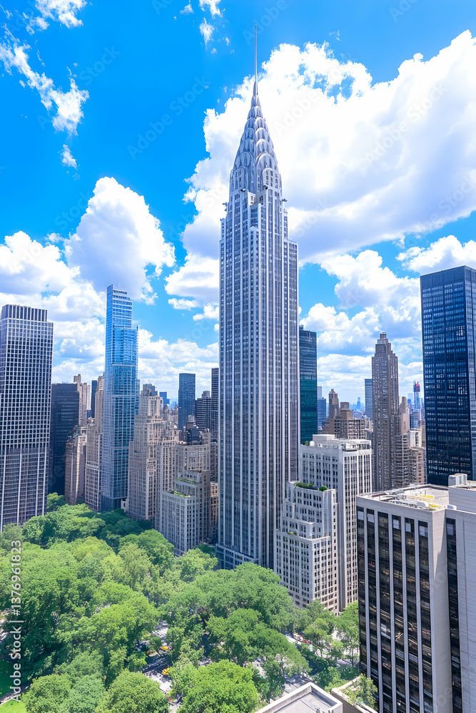 Iconic skyscraper amidst cityscape, green park below, bright sunny day AI generative Iconic skyscraper amidst cityscape, green park below, bright sunny day AI generative