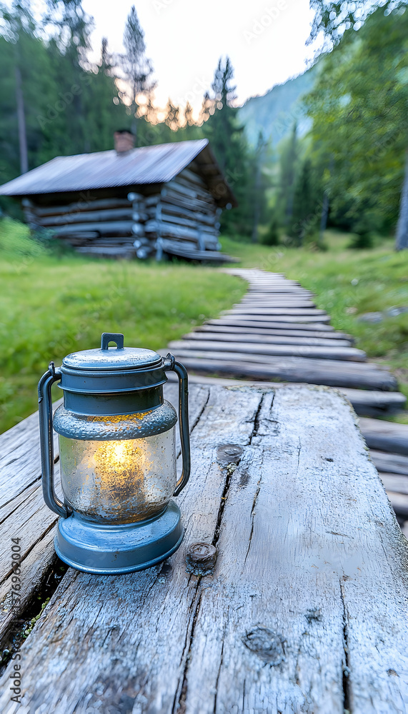 Illuminated lantern on wooden path leading to rustic cabin in forest AI generative Illuminated lantern on wooden path leading to rustic cabin in forest AI generative