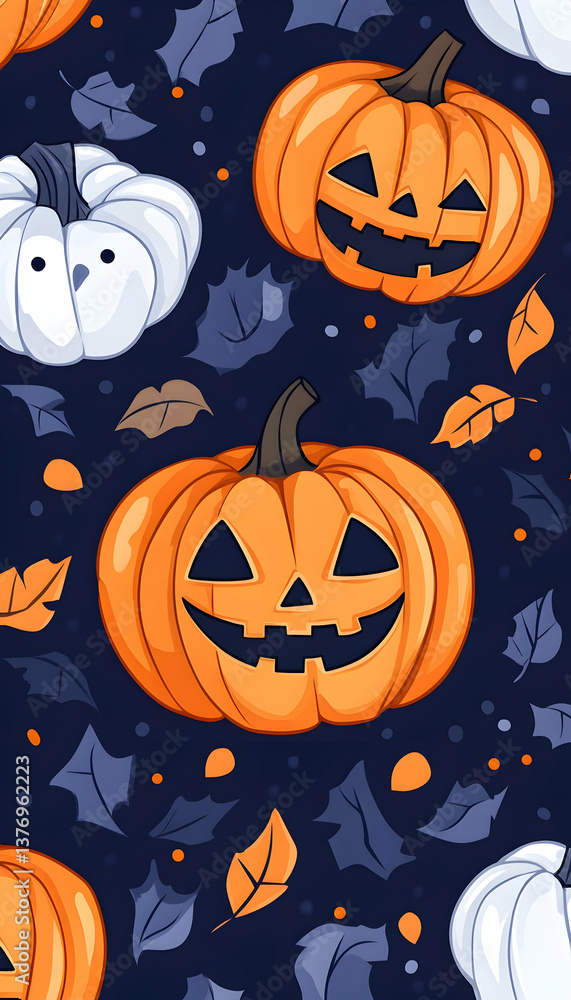 Jack-o'-lanterns and white pumpkins on dark background with autumn leaves AI generative Jack-o'-lanterns and white pumpkins on dark background with autumn leaves AI generative