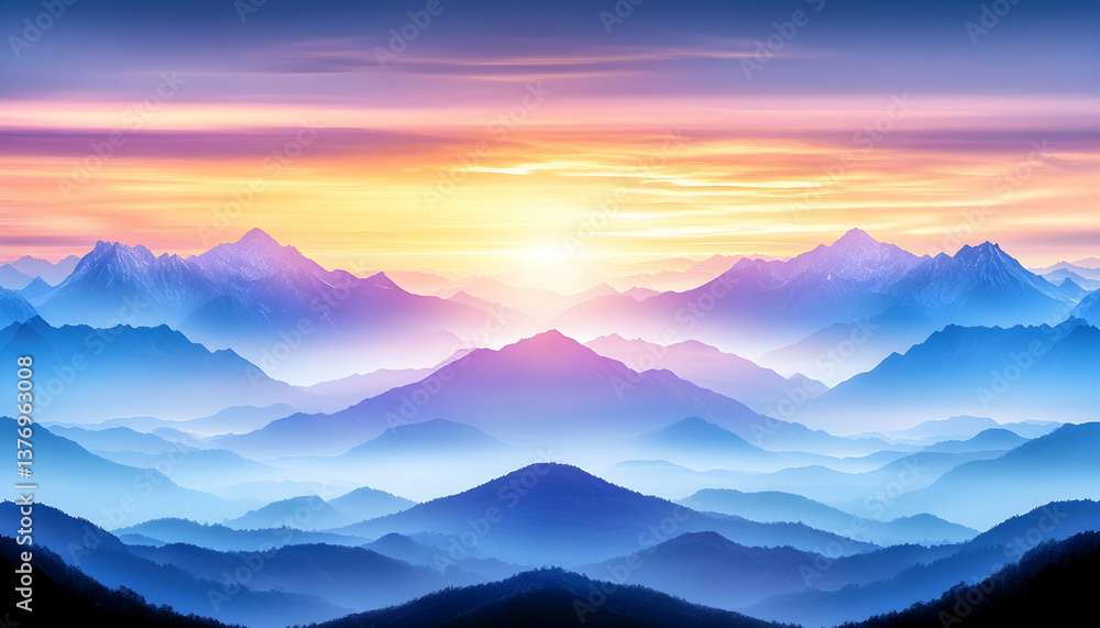 Obraz premium Majestic sunrise over a vast, layered mountain range, bathed in pastel hues AI generative