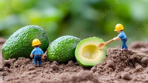 Miniature workers harvesting ripe avocados from the ground AI generative