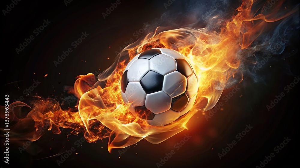 Fototapeta premium Fiery Soccer Ball: Double Exposure 3D Render of a Flaming Animated Soccer Ball Rotating on Black Background