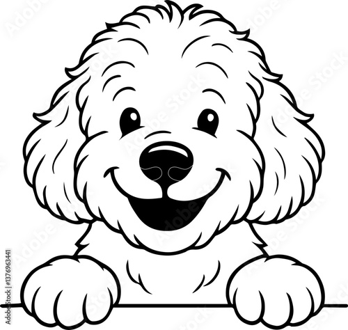 Portrait of a vector image of a black and white cheerful puppy .
Black and white cartoon drawing of a smiling puppy with fluffy fur peeking over the edge.