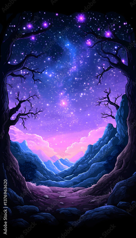 Fototapeta premium Mystical night scene with starry sky over purple mountains and trees AI generative