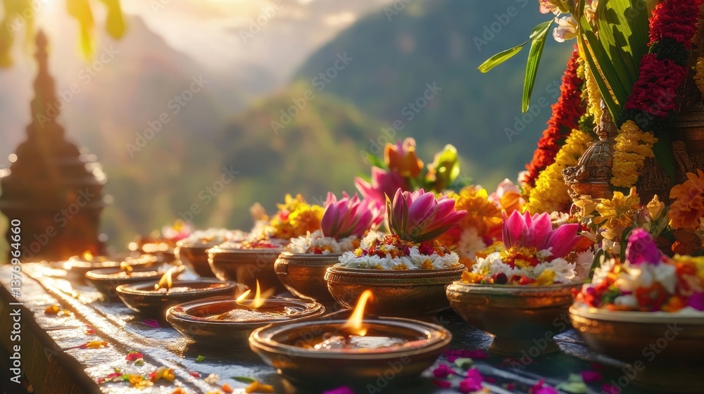 A colorful representation of traditional offerings set against a serene backdrop A colorful representation of traditional offerings set against a serene backdrop