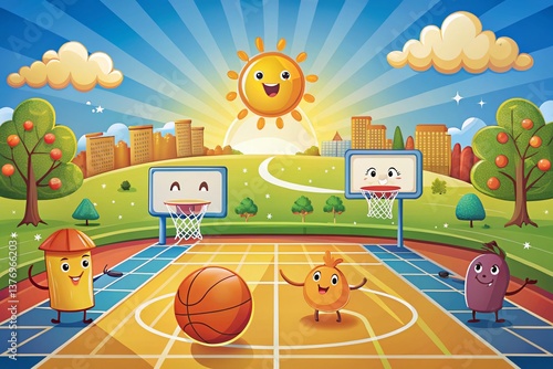 Fun Cartoon Basketball Court Illustration - Perfect for Kids Sports Designs