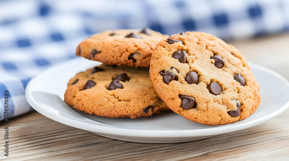 Three delicious chocolate chip cookies on a white plate AI generative Three delicious chocolate chip cookies on a white plate AI generative