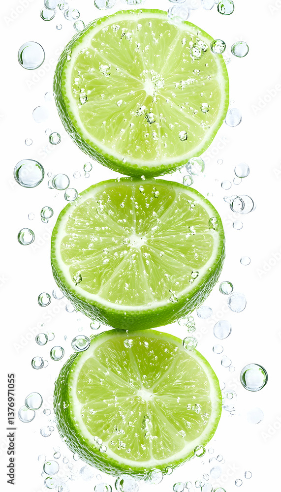 Three lime slices falling in water, bubbles surrounding AI generative Three lime slices falling in water, bubbles surrounding AI generative