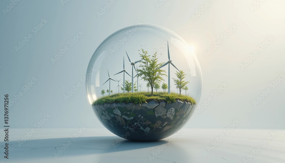 Sustainable Energy Ecosystem Miniature Green World with Wind Turbines inside Glass Sphere Sustainable Energy Ecosystem Miniature Green World with Wind Turbines inside Glass Sphere