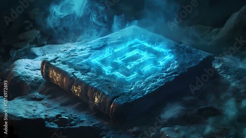 Ancient magical book with glowing blue glyphs and mystical smoke on stone surface. Gloomstone Glyphs. Illustration
