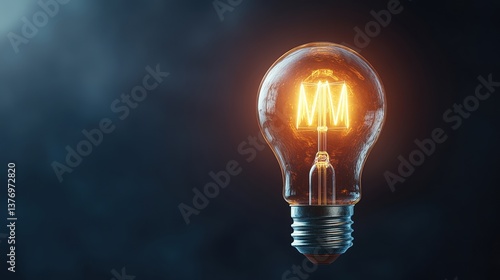 A captivating glowing lightbulb showcasing illuminated letters MM inside, set against a moody dark smoky backdrop for artistic inspiration and creativity.